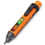 Orange-schwarzer Proster PST224 Spannungsprüfer in Stiftform mit Prüfspitze, LED-Anzeigen, Tasten und Taschenclip.