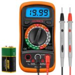 Gelb-schwarzes ULTRICS Digitalmultimeter mit Messleitungen, Batterie und beleuchtetem Display.