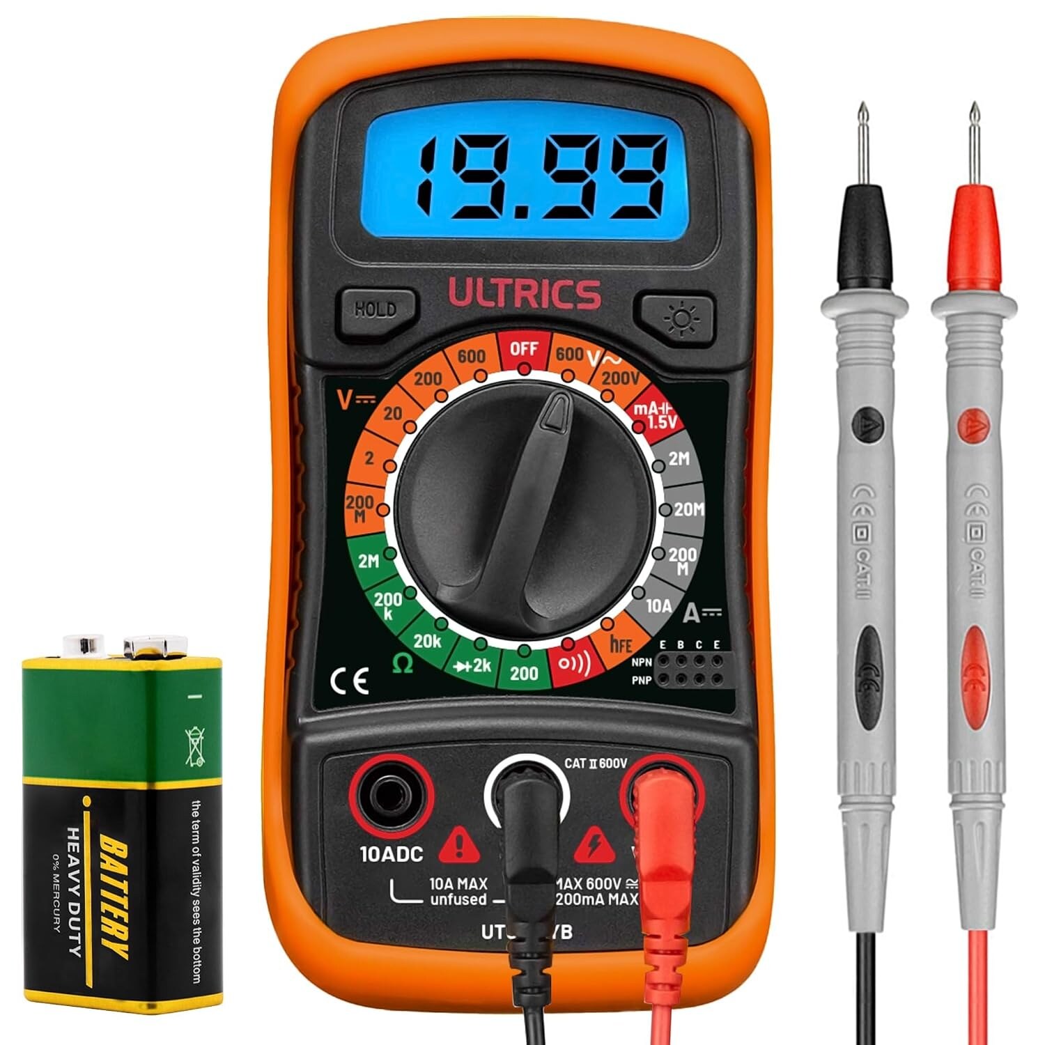 ULTRICS UT0021YB Digital Multimeter AC/DC 1000V 10A – Ansicht 1 Gelb-schwarzes ULTRICS Digitalmultimeter mit Messleitungen, Batterie und beleuchtetem Display.
