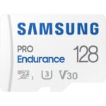 Weisse Samsung PRO Endurance microSDXC-Karte 128 GB mit SD-Adapter