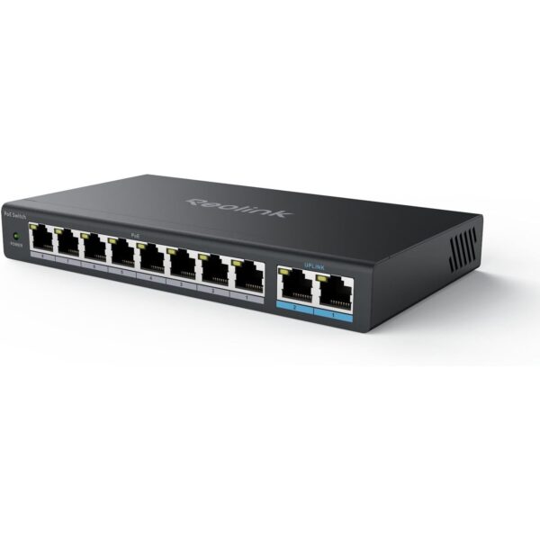 Schwarzer Reolink RLA-PS1 PoE-Switch im Metallgehäuse mit acht PoE-Buchsen und zwei blau markierten Uplink-Ports