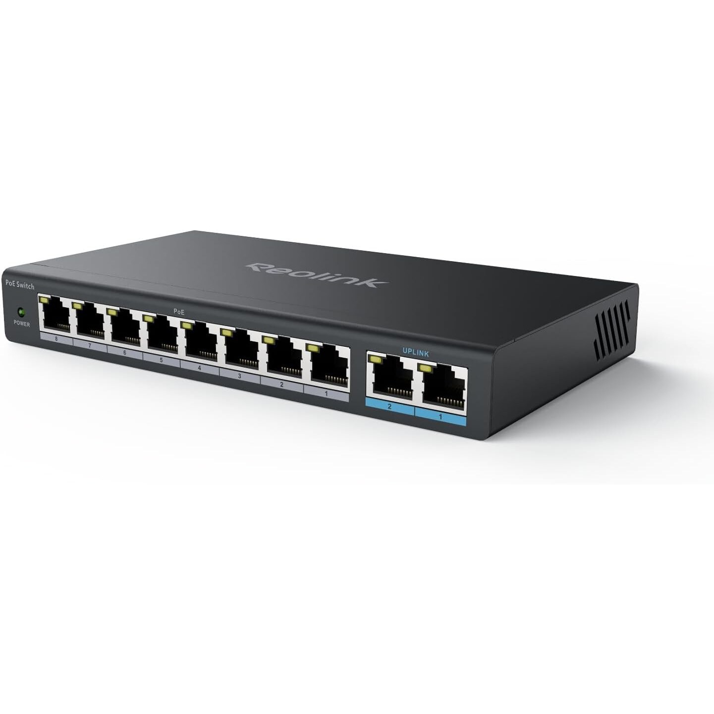 Reolink RLA-PS1 PoE-Switch, 8 PoE-Ports mit 120 W, 2 Gigabit-Uplinks – Ansicht 1 Schwarzer Reolink RLA-PS1 PoE-Switch im Metallgehäuse mit acht PoE-Buchsen und zwei blau markierten Uplink-Ports