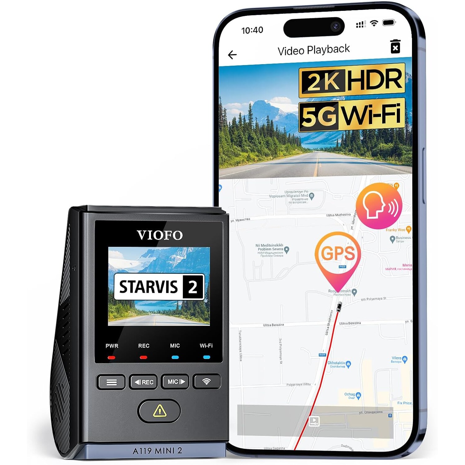 VIOFO A119 Mini 2 Dashcam, 2K 60 fps, 5-GHz-WLAN, GPS – Ansicht 1 Schwarze Dashcam VIOFO A119 Mini 2 mit Farbdisplay und Starvis-2-Kennzeichnung, daneben ein Smartphone mit Kartenansicht