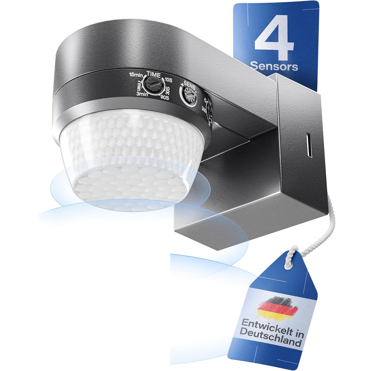 HUBER Motion 100 Bewegungsmelder 360°, bis 12 m, IP65, anthrazit – Ansicht 1 Anthrazitfarbener Bewegungsmelder HUBER Motion 100 auf Wandarm mit nach unten gerichteter weisser Fresnel-Linse und drei Drehreglern