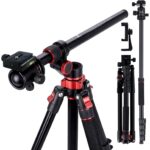 Schwarz-rotes Rollei Aluminiumstativ Compact Traveler No.2 XL mit Kugelkopf, horizontal ausgeklapptem Auslegearm und Smartphone-Halterung