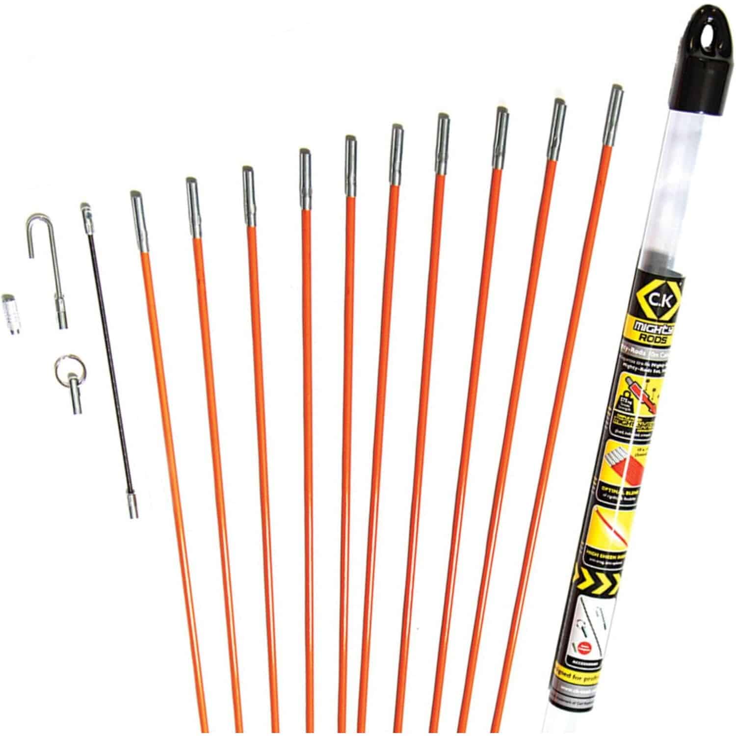 C.K MightyRod T5410 Kabeleinziehstangen 10 m | 10 Stangen Ø 5 mm aus Glasfaser, 14-teiliges Set – Ansicht 1 Orange Glasfaser-Einziehstangen C.K MightyRod mit Metallgewinden, Kabelhaken und Zugöse neben dem Aufbewahrungsköcher