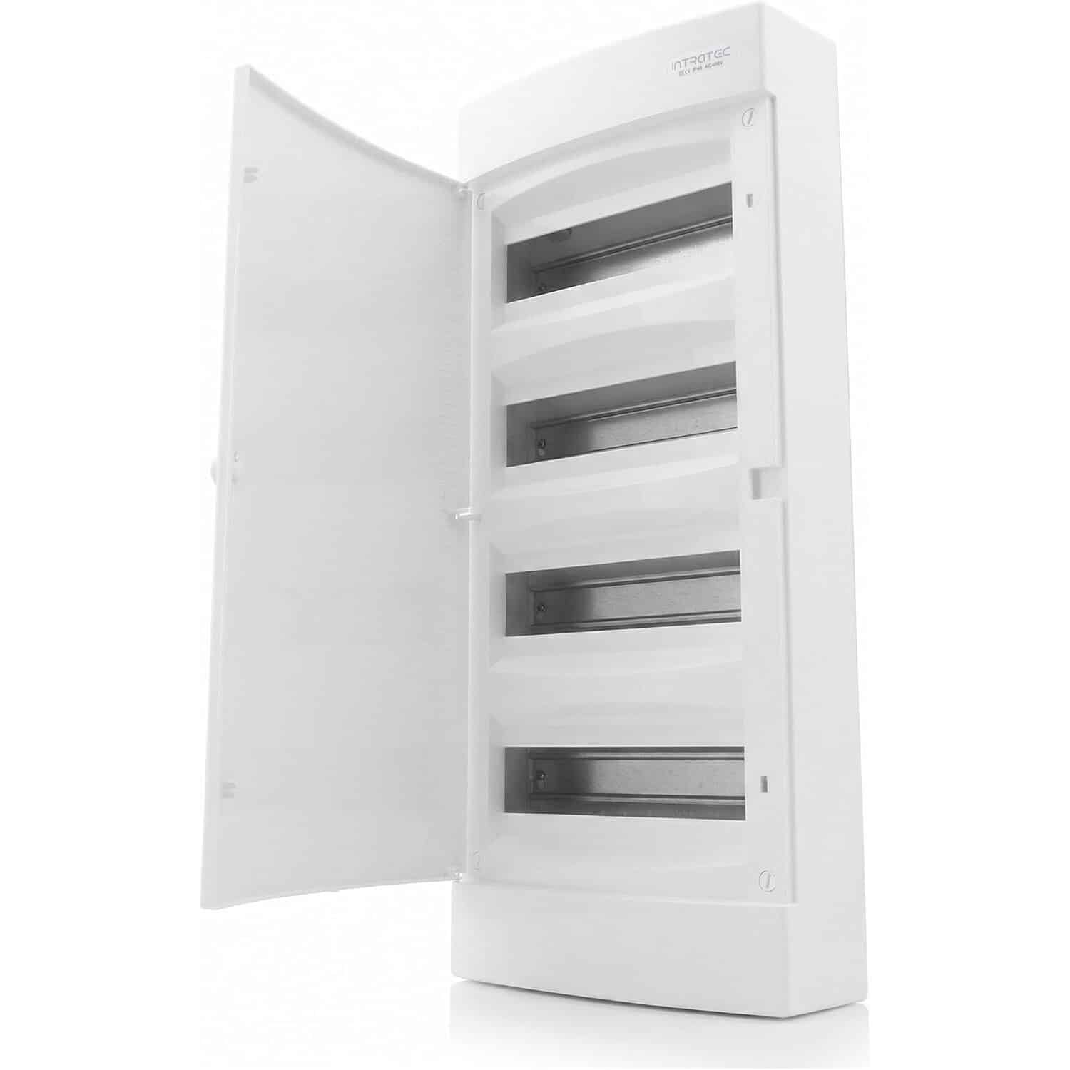 Intratec Sicherungskasten Aufputz IP40 | 4-reihig, 48 Module, 653 x 287 x 112 mm, weisse Tür – Ansicht 1 Weisser Aufputz-Sicherungskasten Intratec mit vier Reihen für achtundvierzig Module und weisser Tür