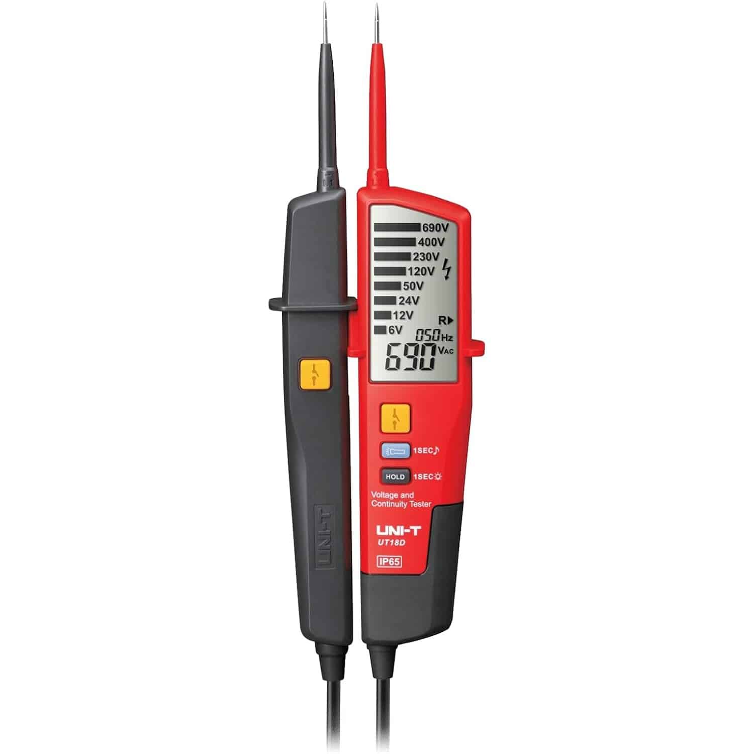 UNI-T UT18D Spannungsprüfer zweipolig | 12–690 V, RCD-Test, Drehfeld, Durchgang, IP65 – Ansicht 1 Rot-schwarzer zweipoliger Spannungsprüfer UNI-T UT18D mit LCD-Anzeige und zwei Prüfspitzen