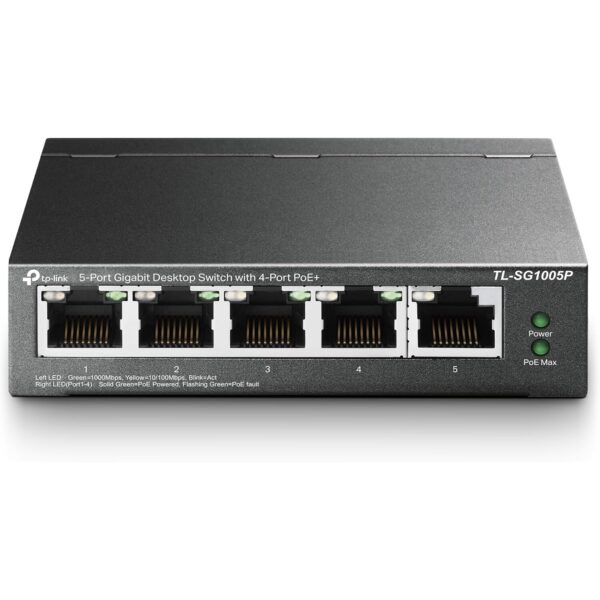 Schwarzer TP-Link TL-SG1005P PoE-Switch im Metallgehäuse mit fünf RJ45-Buchsen an der Front