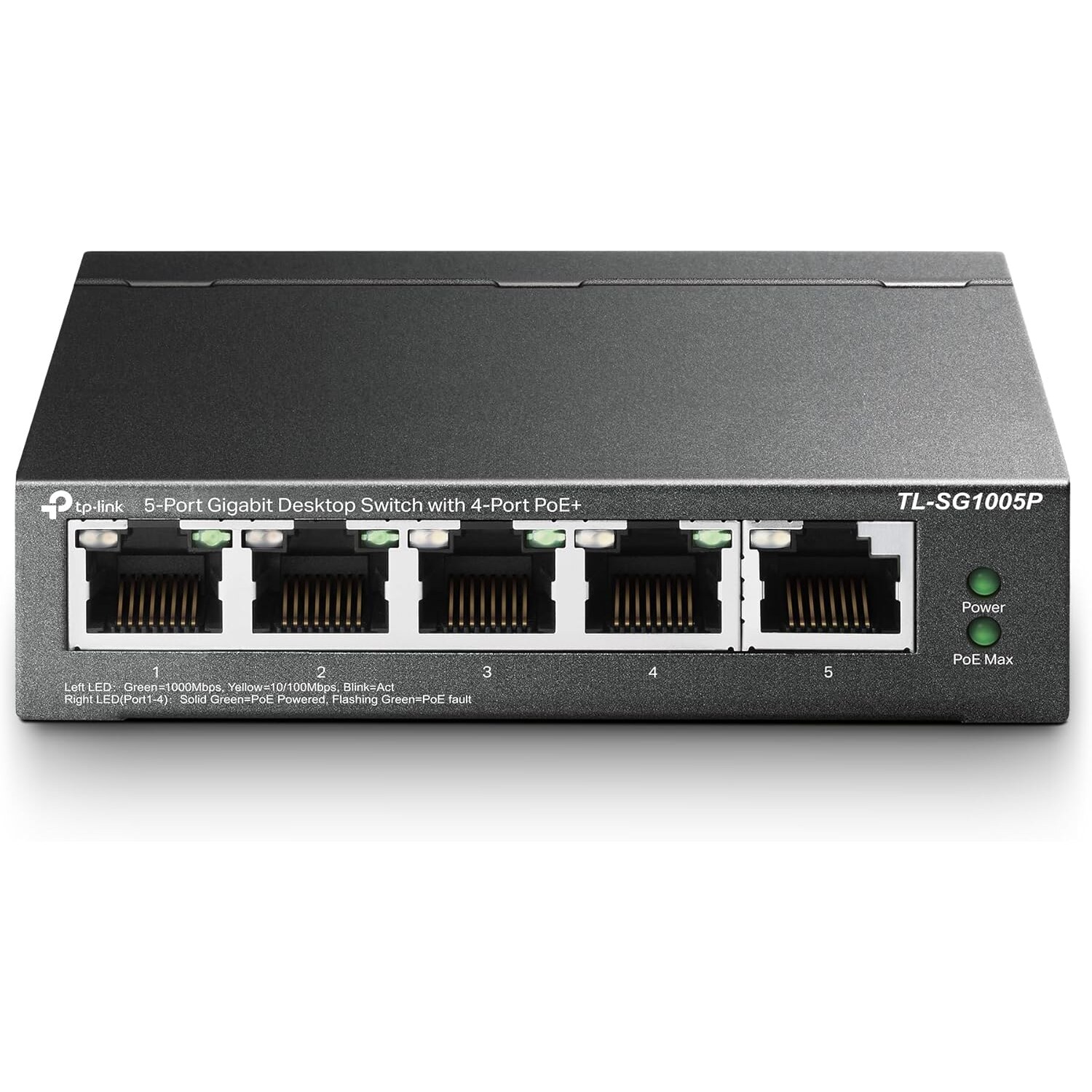 TP-Link TL-SG1005P PoE-Switch, 5 Gigabit-Ports, 4 × PoE+ mit 65 W – Ansicht 1 Schwarzer TP-Link TL-SG1005P PoE-Switch im Metallgehäuse mit fünf RJ45-Buchsen an der Front