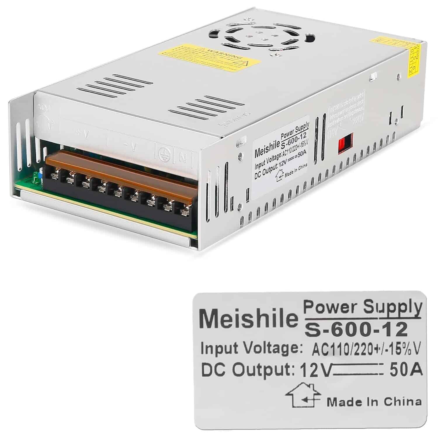 MEISHILE S-600-12 Schaltnetzteil 12 V 50 A 600 W | Aluminiumgehäuse, Lüfter, Schraubklemmen – Ansicht 1 Offenes Schaltnetzteil MEISHILE S-600-12 im silbernen Aluminiumgehäuse mit Lüfteröffnung und Schraubklemmenleiste