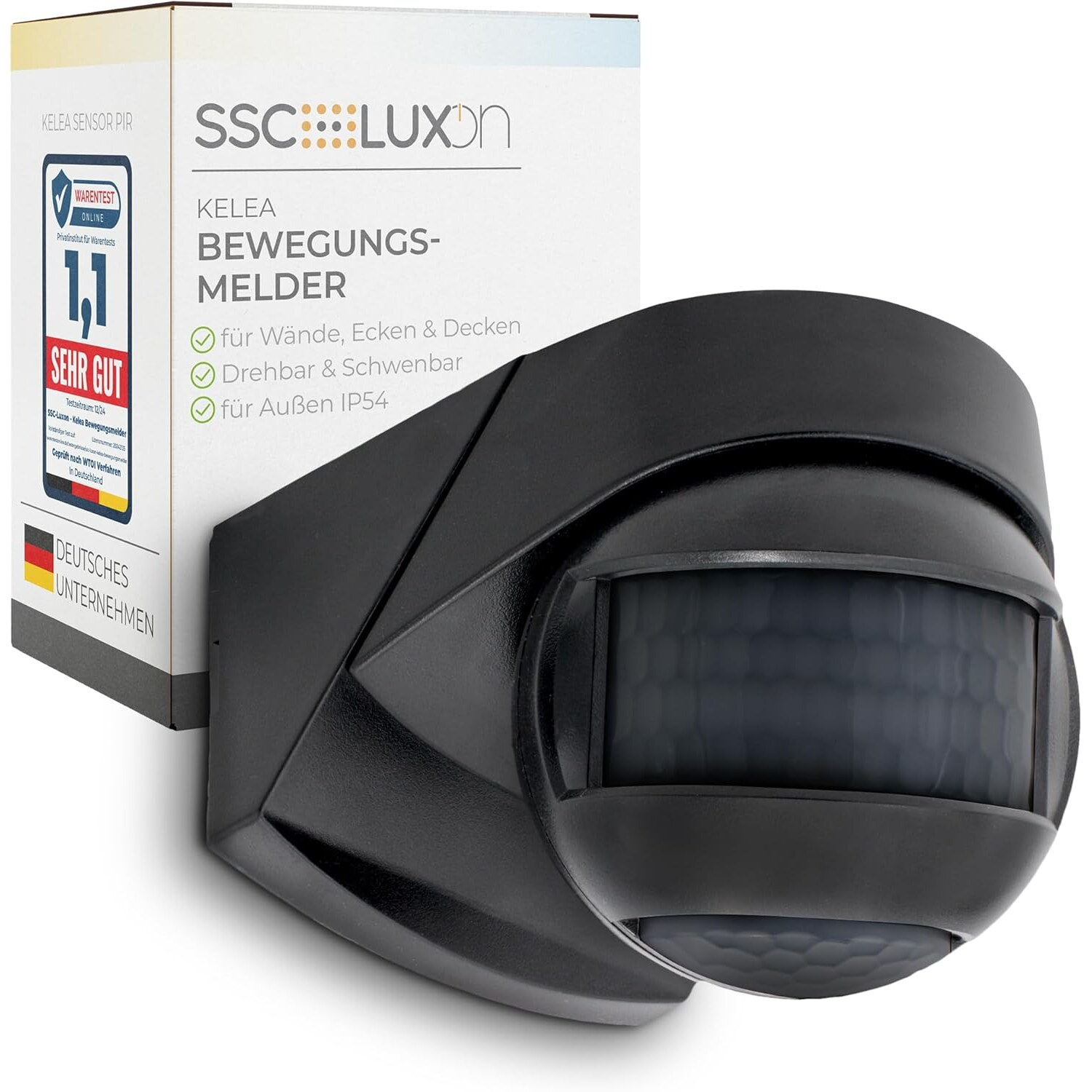 SSC-LUXon KELEA Bewegungsmelder Aufputz IP54 | 180° schwenkbar, 12 m Reichweite, Dämmerungsschalter, schwarz – Ansicht 1 Schwarzer Aufputz-Bewegungsmelder SSC-LUXon KELEA mit zwei Sensorlinsen an einer weissen Hauswand