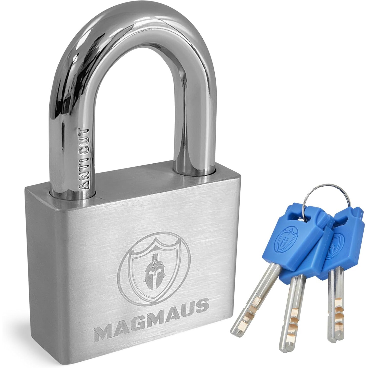 Magmaus PDL50 Vorhängeschloss Edelstahl | 10 mm Bügel, 50 mm Körper, 3 Schlüssel, wetterfest – Ansicht 1 Silbernes Vorhängeschloss Magmaus PDL50 aus Edelstahl mit dickem Bügel und drei blauen Schlüsseln