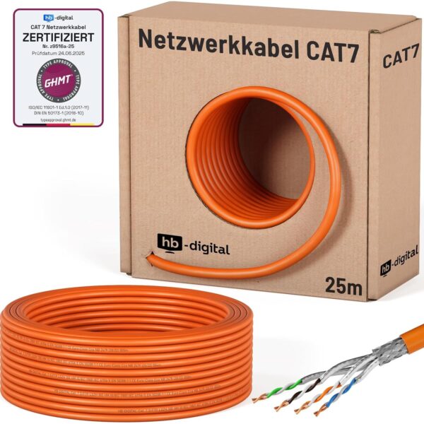 Orangefarbenes CAT-7-Verlegekabel von HB-DIGITAL, 25-Meter-Ring vor dem Kartonspender