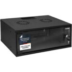 Schwarzer 19-Zoll-Netzwerkschrank HMF 65704-02 mit vier Höheneinheiten, Glastür und zwei Lüftungsöffnungen im Deckel