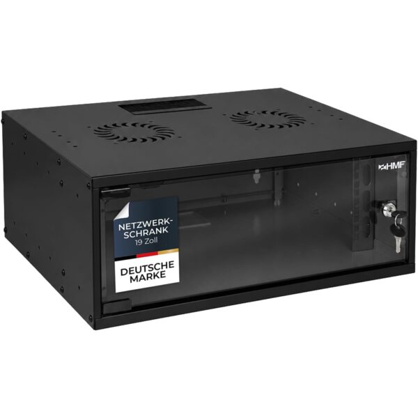 Schwarzer 19-Zoll-Netzwerkschrank HMF 65704-02 mit vier Höheneinheiten, Glastür und zwei Lüftungsöffnungen im Deckel
