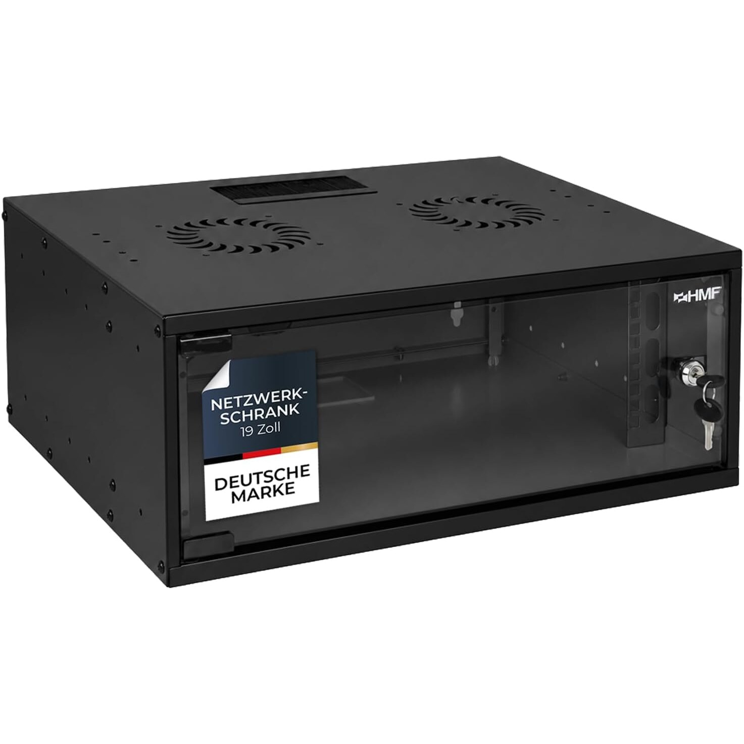 HMF 65704-02 Netzwerkschrank 19 Zoll | 4 HE, 27,5 cm Einbautiefe, Glastür abschliessbar, schwarz – Ansicht 1 Schwarzer 19-Zoll-Netzwerkschrank HMF 65704-02 mit vier Höheneinheiten, Glastür und zwei Lüftungsöffnungen im Deckel