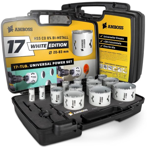 Siebzehnteiliges Amboss White Edition Lochsägen-Set aus Bi-Metall im schwarzen Koffer mit vierzehn weissen Lochsägen von 20 bis 83 mm