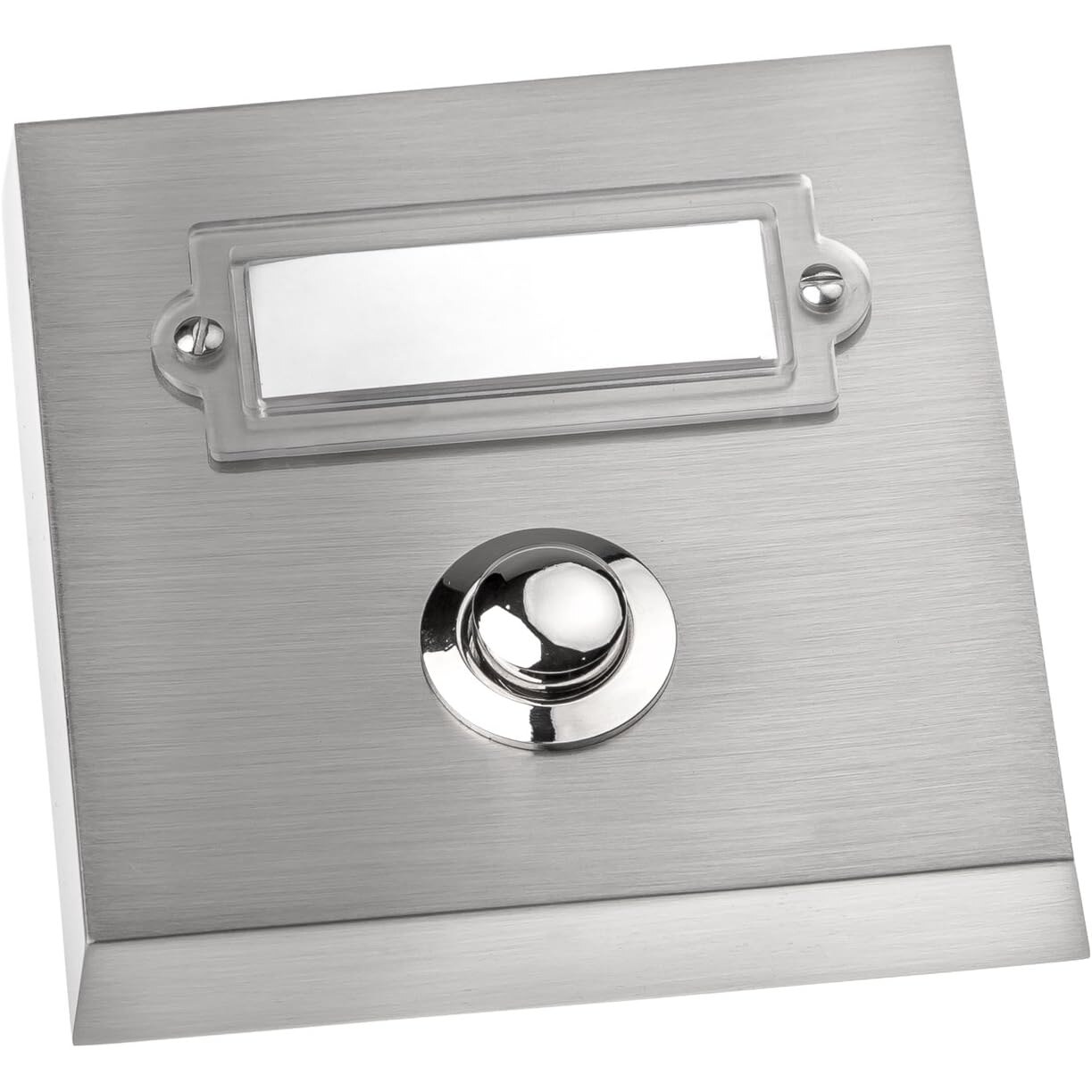 HUBER Klingeltaster Aufputz 1-fach | Kunststoff-Namensschild, 81 × 82 mm, Zinkdruckguss, verdeckte Schrauben – Ansicht 1 Klingeltaster HUBER Aufputz 1-fach in gebürsteter Metalloptik mit klarem Kunststoff-Namensschild und verchromtem Druckknopf