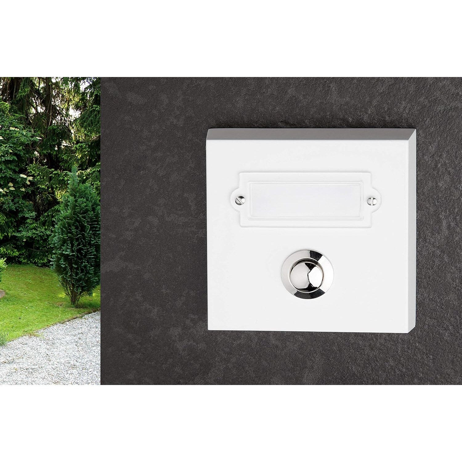 HUBER Klingeltaster Aufputz 1-fach weiss | Kunststoff-Namensschild, 81 × 82 mm, Zinkdruckguss – Ansicht 1 Weisser Klingeltaster HUBER Aufputz 1-fach mit klarem Kunststoff-Namensschild und verchromtem Druckknopf