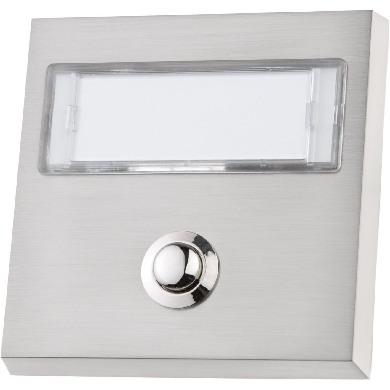 HUBER Klingeltaster Aufputz 1-fach beleuchtet | LED-Namensschild 60 × 20 mm, 95 × 95 mm, max. 12 V – Ansicht 1 Klingeltaster HUBER Aufputz 1-fach in gebürsteter Metalloptik mit warmweiss hinterleuchtetem Namensschild und verchromtem Druckknopf