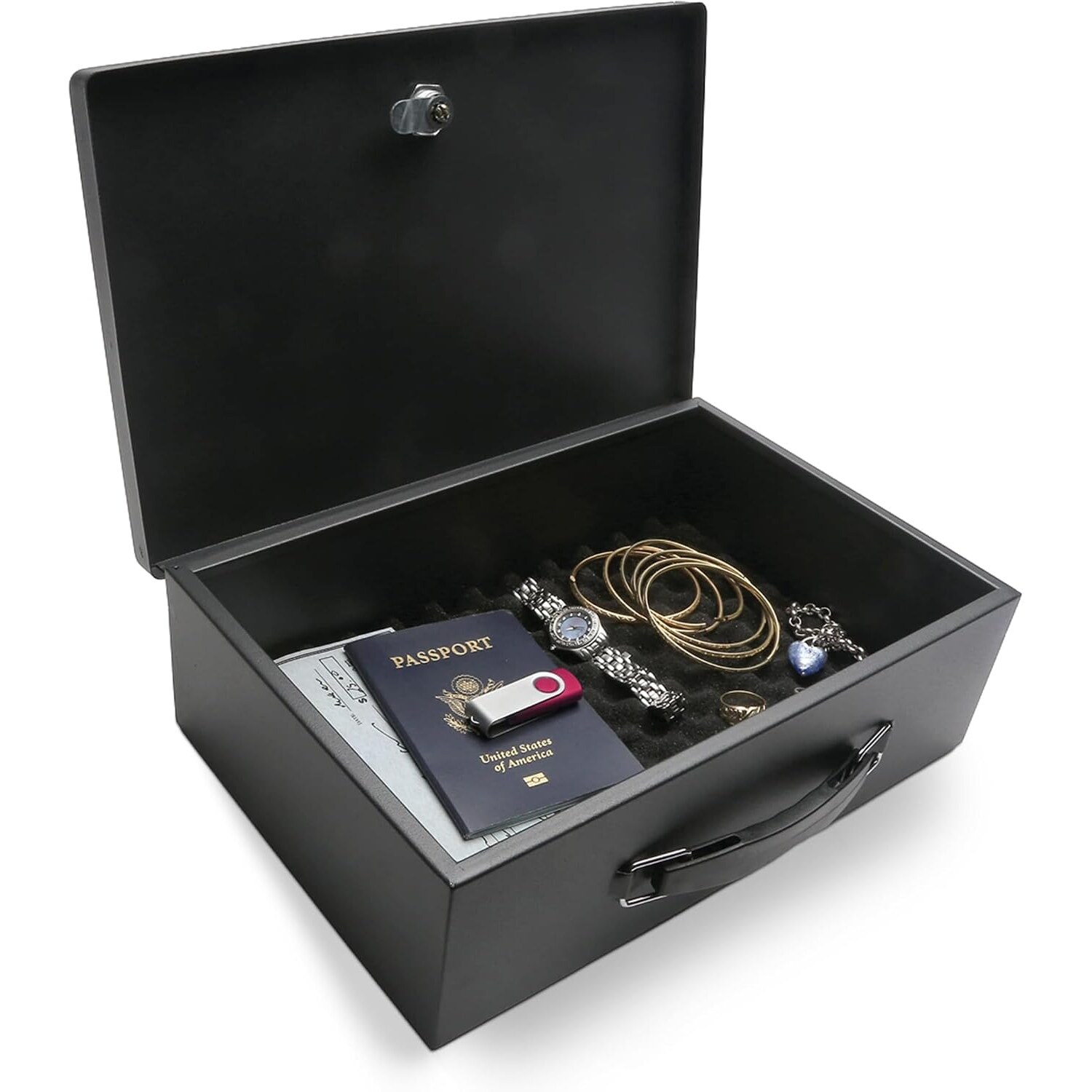 Honeywell 6104 Dokumentenkassette 5 L mit Schlüsselschloss, 32 x 23 x 10 cm – Ansicht 1 Schwarze Honeywell Dokumentenkassette 6104 aus Stahl mit Tragegriff und Schlüsselschloss, Deckel geöffnet