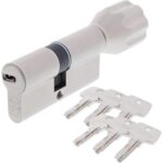 Vernickelter ABUS ECK550 Profil-Knaufzylinder mit Drehknauf und sechs Wendeschlüsseln mit waagrechter Schlüsseleinführung