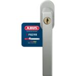 Silberner abschliessbarer ABUS-Fenstergriff FG210 in flacher, schlanker Bauform mit Druckzylinder und Wendeschlüssel