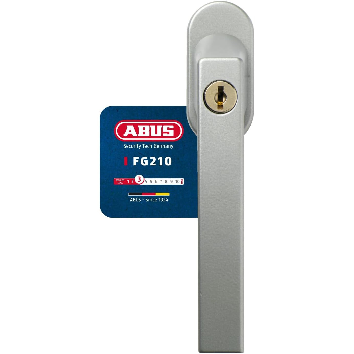 ABUS FG210 AB210 abschliessbarer Fenstergriff 3er-Set, Vierkant 28-44 mm, silber – Ansicht 1 Silberner abschliessbarer ABUS-Fenstergriff FG210 in flacher, schlanker Bauform mit Druckzylinder und Wendeschlüssel