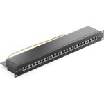 Schwarzes 19-Zoll-Patchpanel von deleyCON mit 24 RJ45-Buchsen und vormontiertem Erdungskabel