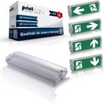 Weisse LED-Notleuchte aus Polykarbonat mit klarer Abdeckung und grünen Rettungszeichen-Aufklebern für die Aufputzmontage