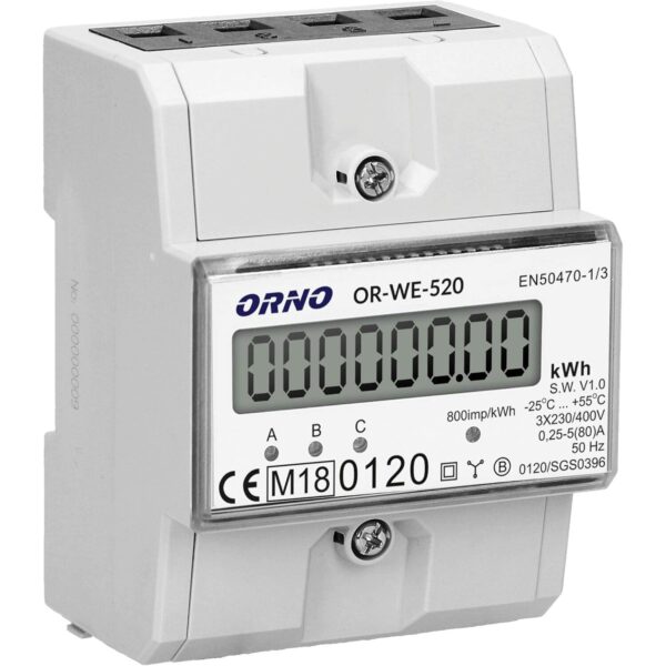 Weisser dreiphasiger Hutschienenzähler Orno OR-WE-520 mit LC-Display, Typenschild 3x230/400 V, 0,25-5(80) A und Kennzeichnung M18