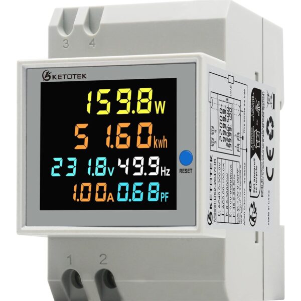 Weisser Hutschienen-Stromzähler KETOTEK D52-2047HD mit farbigem LC-Display, das Watt, Kilowattstunden, Spannung, Frequenz, Strom und Leistungsfaktor zeigt