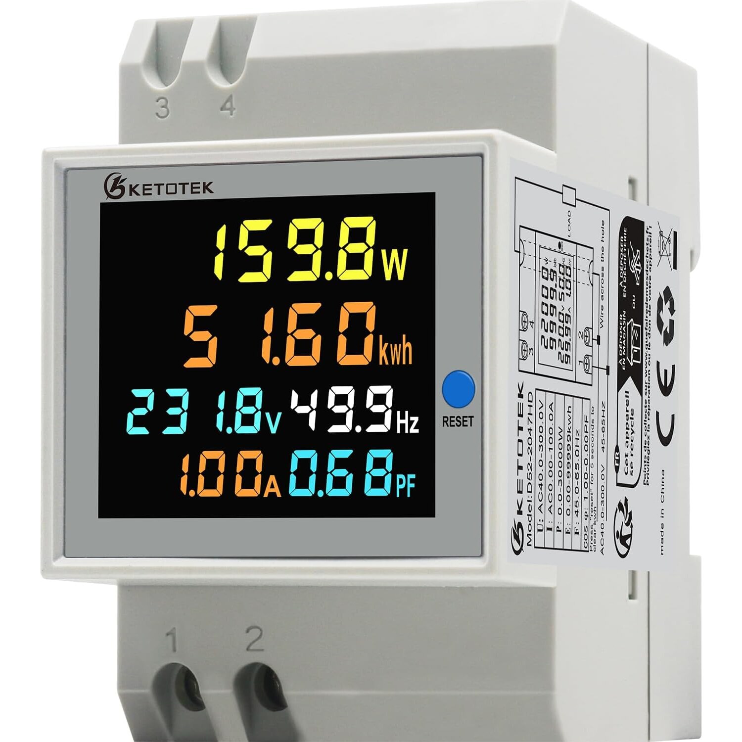 KETOTEK D52-2047HD Stromzähler Hutschiene 1-phasig 100 A, 40-300 V – Ansicht 1 Weisser Hutschienen-Stromzähler KETOTEK D52-2047HD mit farbigem LC-Display, das Watt, Kilowattstunden, Spannung, Frequenz, Strom und Leistungsfaktor zeigt