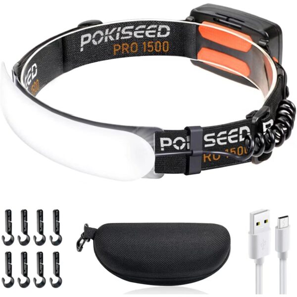 Schwarz-orange LED-Stirnlampe POKISEED PRO 1500 mit breitem Leuchtband, Stirnband, Etui und USB-C-Kabel