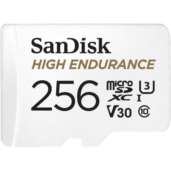 Weisse microSD-Karte SanDisk High Endurance mit 256 GB neben dem schwarzen SD-Adapter