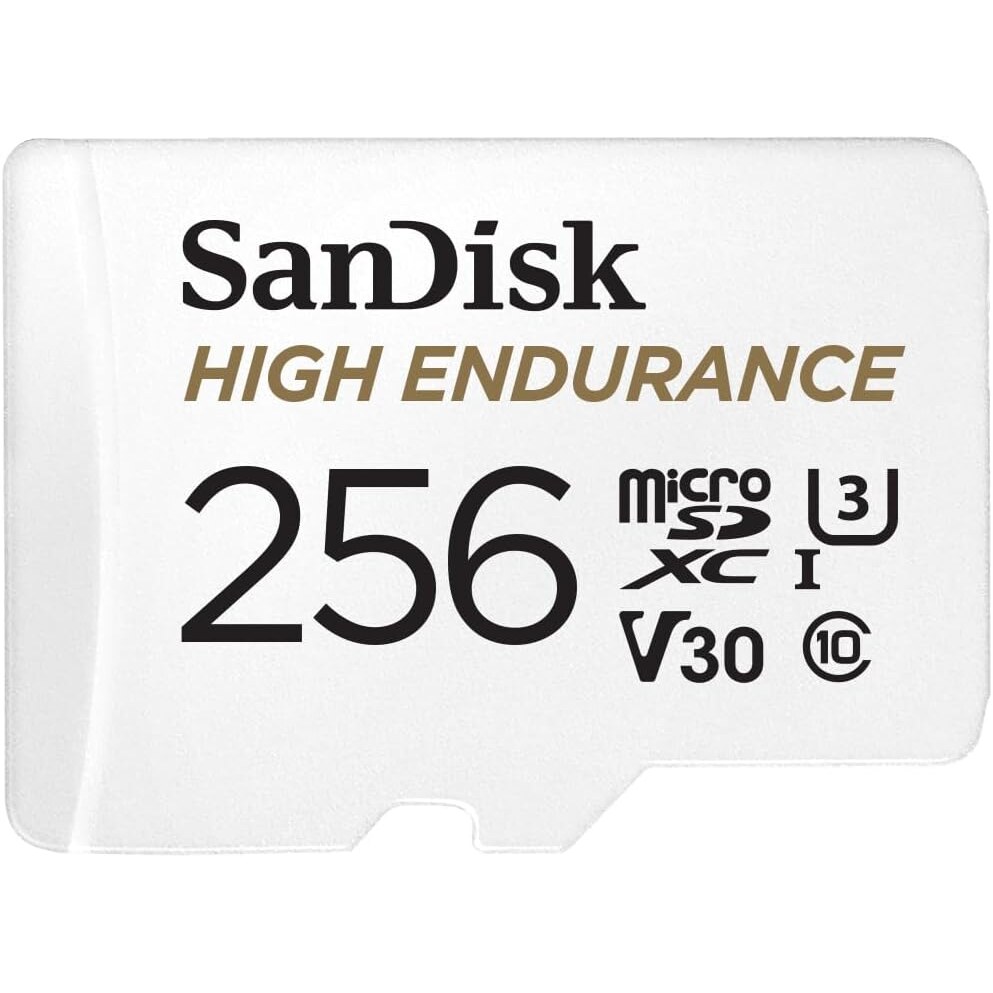 SanDisk High Endurance microSDXC 256 GB, U3, V30, 100 MB/s – Ansicht 1 Weisse microSD-Karte SanDisk High Endurance mit 256 GB neben dem schwarzen SD-Adapter