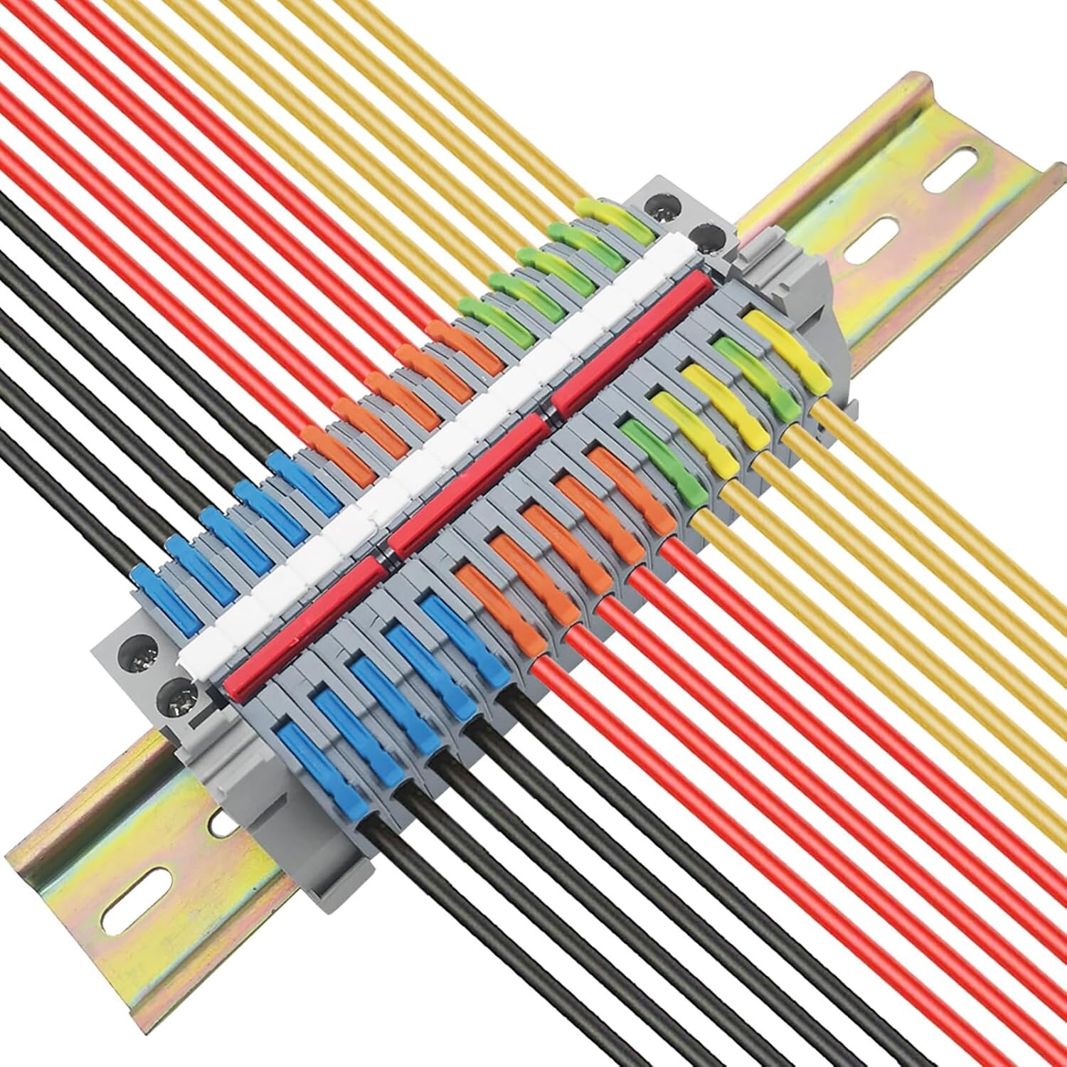 Reihenklemmen-Set Hutschiene, 15 Hebelklemmen 450 V / 32 A – Ansicht 1 Farbige Hebelklemmen auf verzinkter Hutschiene mit Verbindungsleiste und Markierungsstreifen