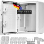 Grauer QCAB Verteilerkasten aus ABS-Kunststoff, 300 x 400 x 170 mm, geöffnet mit verzinkter Montageplatte und Kabelverschraubungen
