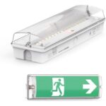 Weisse LED-Fluchtwegleuchte aus Polykarbonat mit grünem Rettungszeichen und weissem Richtungspfeil für die Wandmontage