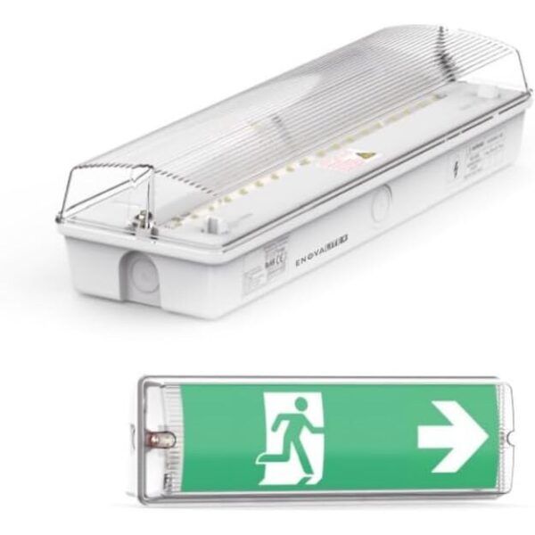 Weisse LED-Fluchtwegleuchte aus Polykarbonat mit grünem Rettungszeichen und weissem Richtungspfeil für die Wandmontage