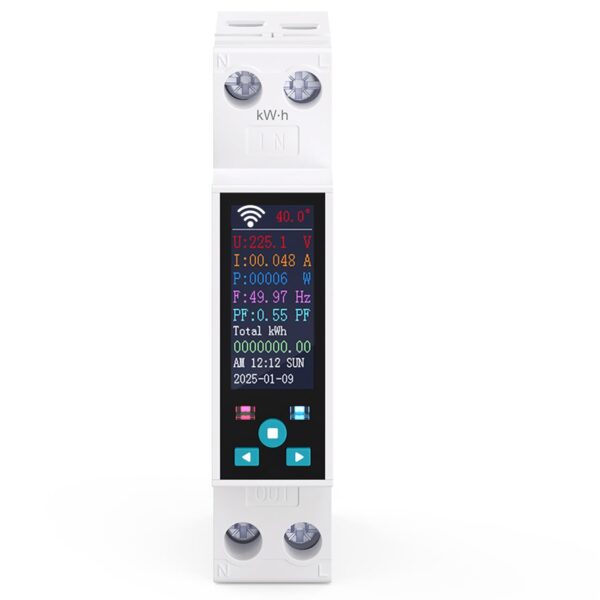 Schmaler weisser Hutschienen-Stromzähler TONGOU TO-Q-SYS-JWT mit farbigem Display, Schaltwippe und Schraubklemmen für Phase und Neutralleiter