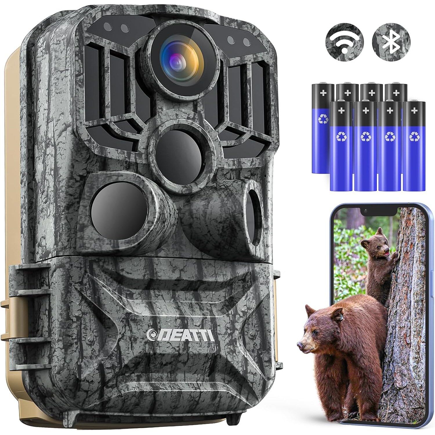 DEATTI DET-T4 Wildkamera 4K 48 MP WLAN mit Farbdisplay – Ansicht 1 Wildkamera DEATTI DET-T4 im Tarnmuster mit Objektiv, Bewegungssensor und Infrarot-LEDs, daneben acht AA-Batterien