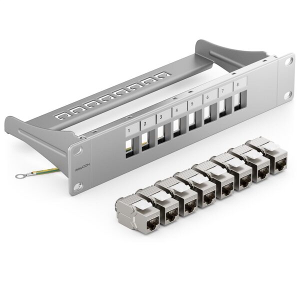 Graues 10-Zoll-Patchpanel von deleyCON mit acht RJ45-Keystone-Modulen und Erdungslitze