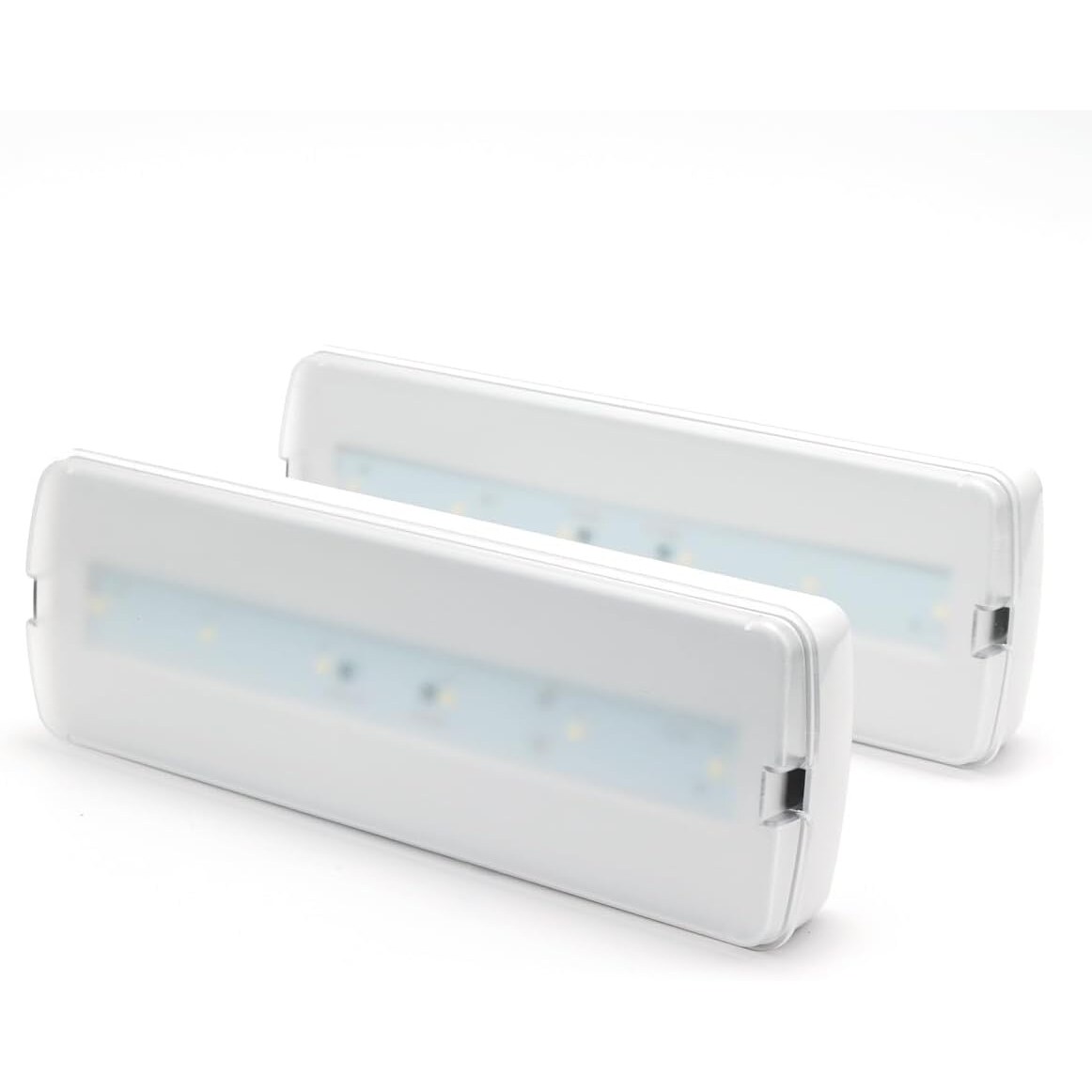Alpinaluz LED-Notleuchte 2er-Set, 3 W, 265 lm, 3 h Notlicht, 6500 K – Ansicht 1 Zwei flache weisse LED-Notleuchten aus ABS mit klarer Kunststoffabdeckung und seitlichen Montageclips