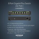 Schwarzer Netgear GS308EP PoE-Switch im Metallgehäuse mit acht RJ45-Buchsen und grünen Status-LEDs