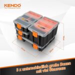 Vier schwarze KENDO Sortierboxen mit orangen Innenfächern und transparenten Deckeln, gestapelt