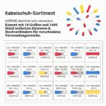 Offene Kunststoffbox mit 18 Fächern voller isolierter Kabelschuhe in Rot, Blau und Gelb, davor einzelne Ring- und Gabelkabelschuhe
