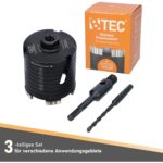 Schwarze Diamant-Bohrkrone von BTEC mit 82 mm Durchmesser, eingeschraubtem SDS-plus-Adapter und separatem Zentrierbohrer