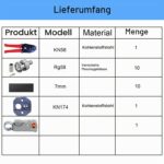 BNC-Ratschen-Crimpzange mit blauem Zangenkopf und roten Griffen, graues Abisolierwerkzeug, dunkle Wechselbacke und zehn vernickelte BNC-Crimpstecker für RG58-Koaxialkabel